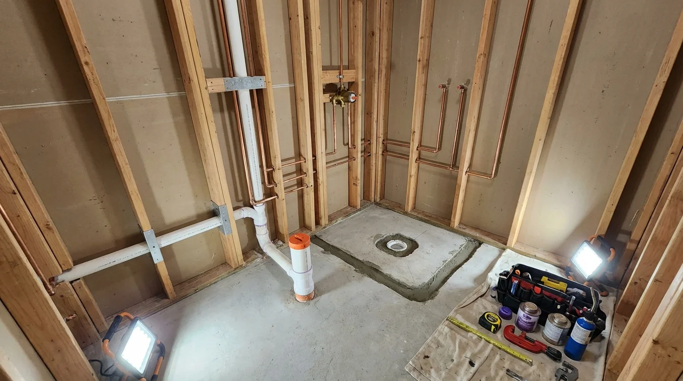 Bathroom rough-in plumbing during remodel by Johns Plumbing LLC in Townsend