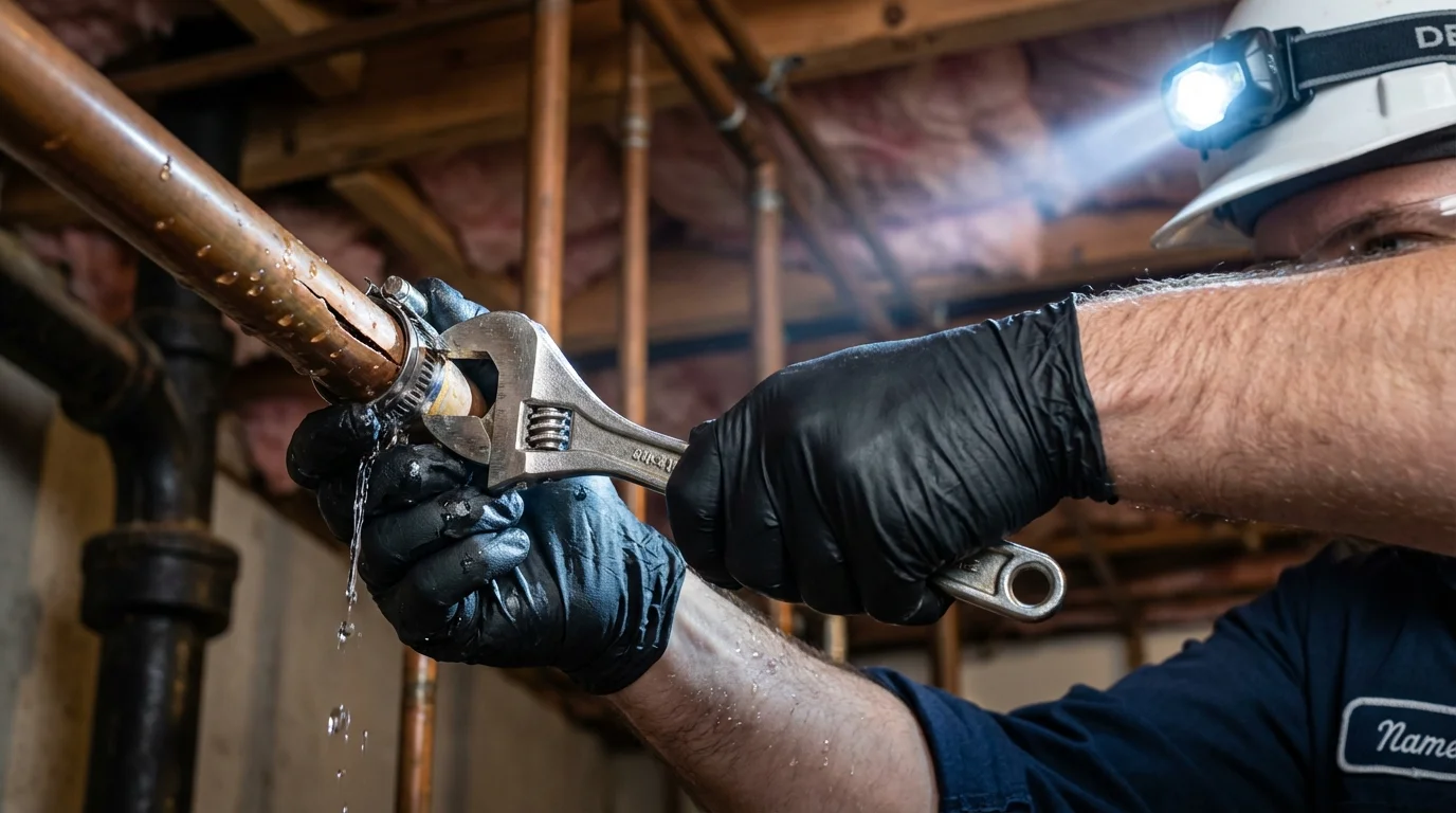 Emergency pipe clamp repair being performed by a Johns Plumbing LLC plumber in Townsend