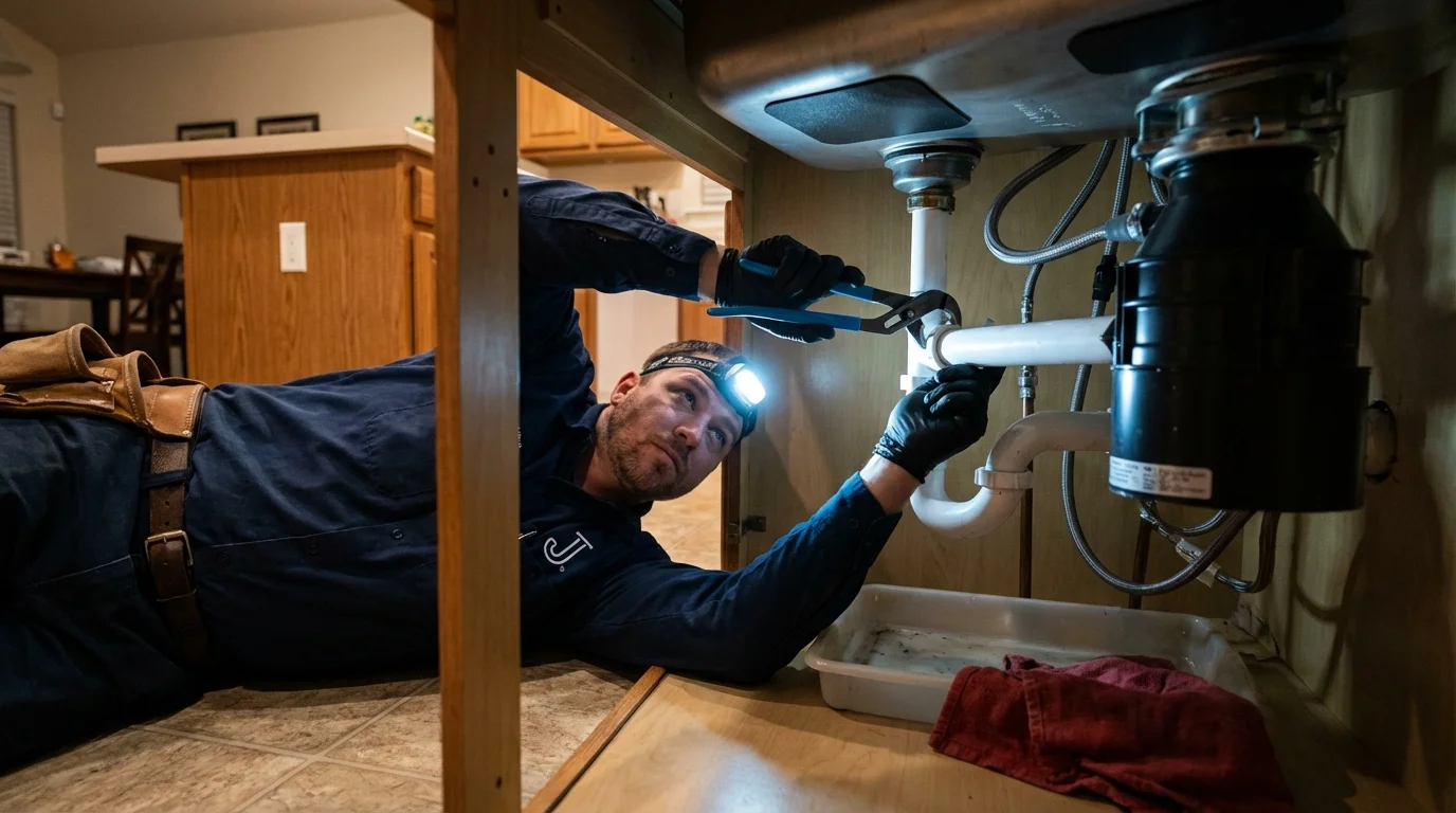 P-trap and supply line connections under a kitchen sink showing a common leak point in Townsend, MT